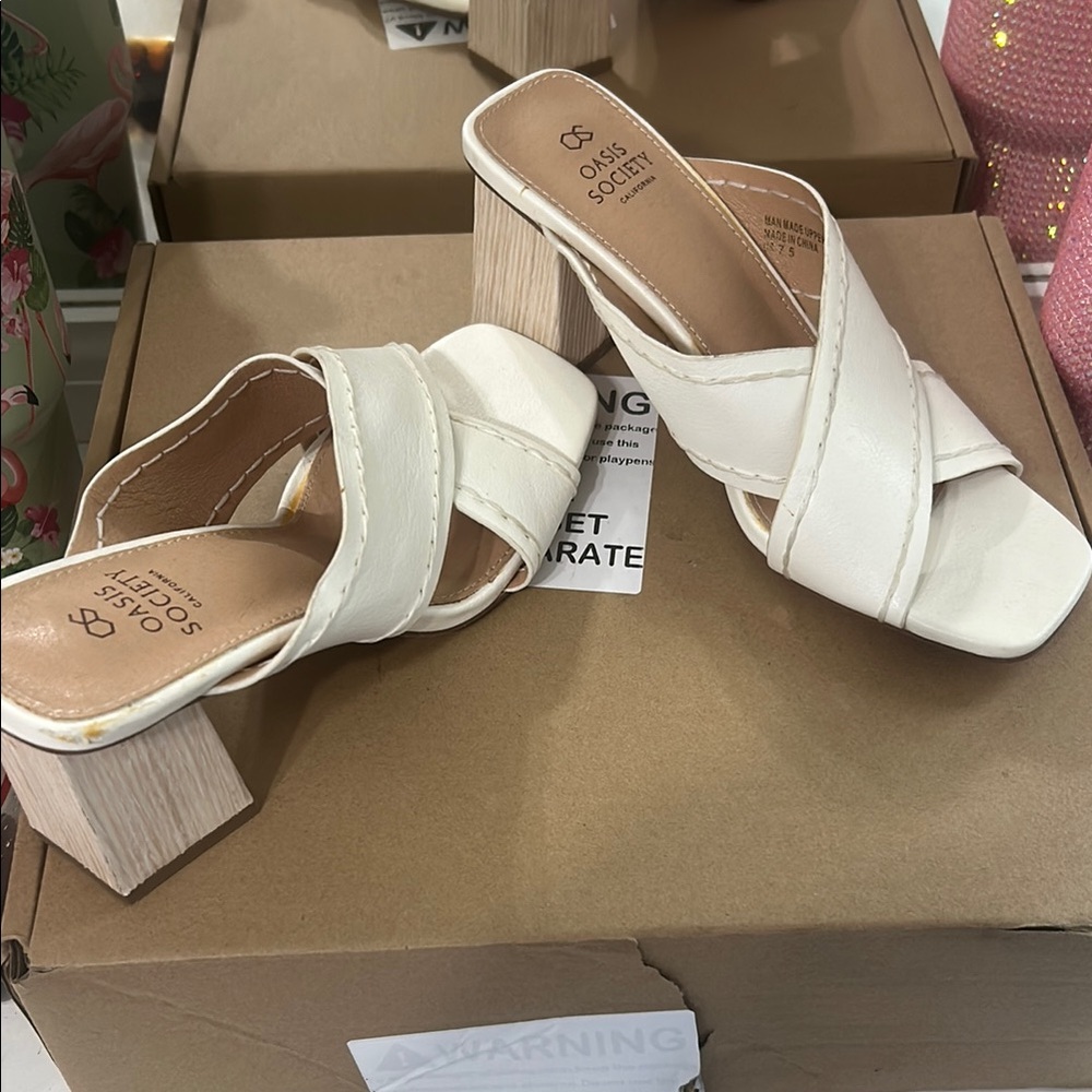 Society White Heeled Mules with Chunky Block Heel
